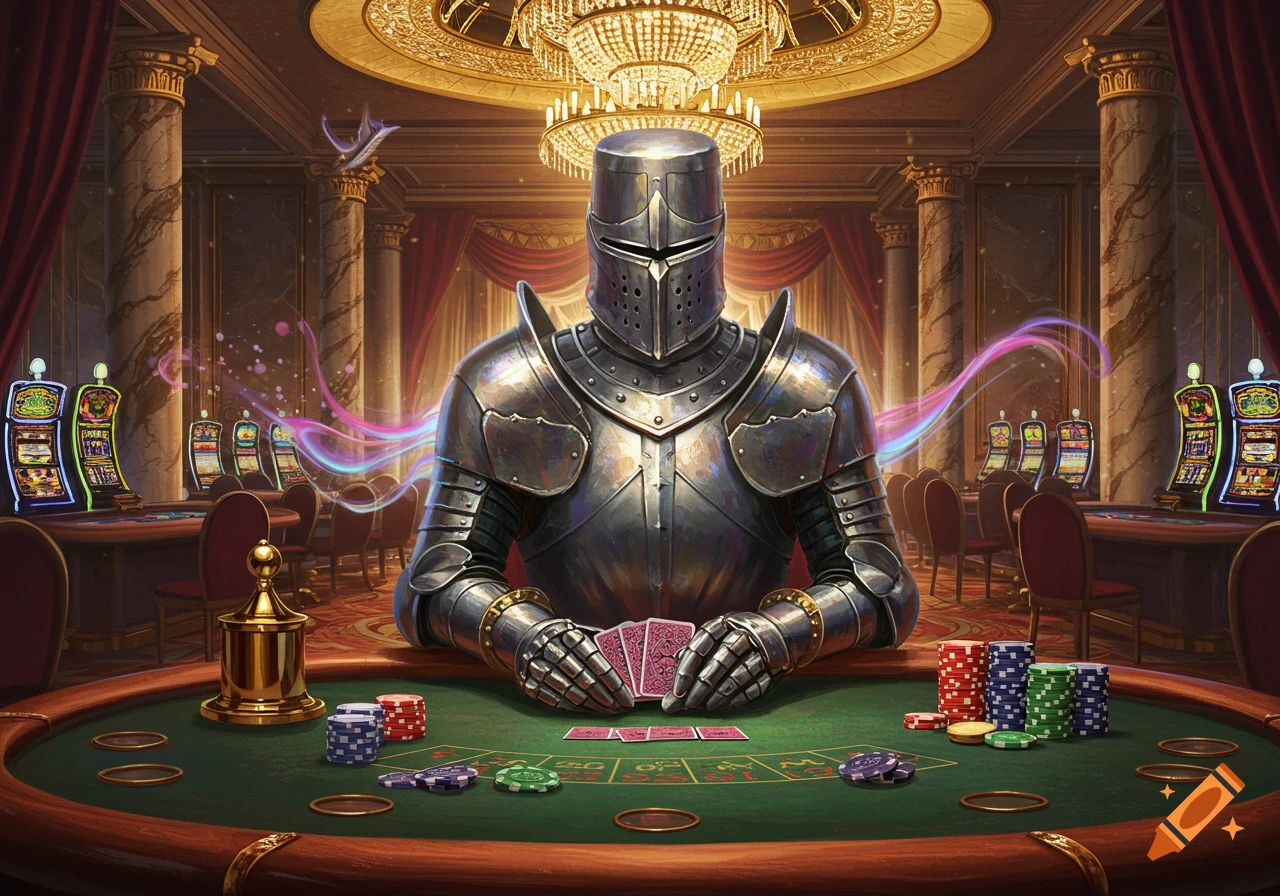 A knight in full plate armor sits at a green poker table in a grand casino, holding playing cards. Slot machines and other tables are in the background.