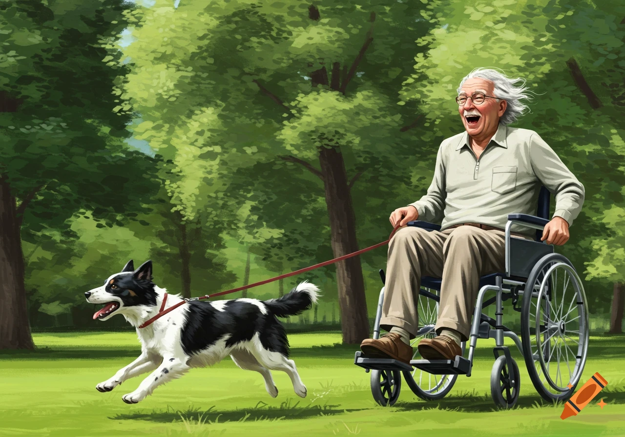 A joyful old man in a wheelchair is pulled by a running black and white dog through a green park in a digital painting.