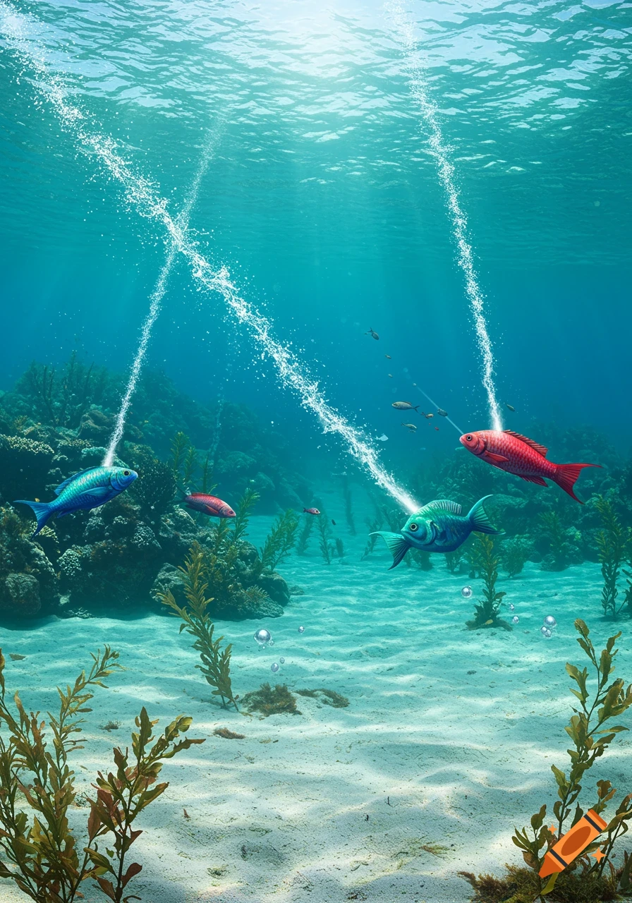 An underwater scene with colorful fish shooting streams of bubbles upwards towards the light. Coral and seaweed are on the sandy seafloor.