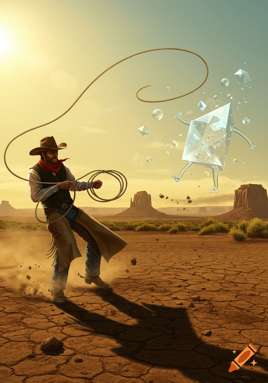 A cowboy in a desert with cracked earth throws a lasso at a floating, crystalline geometric creature. Illustration.