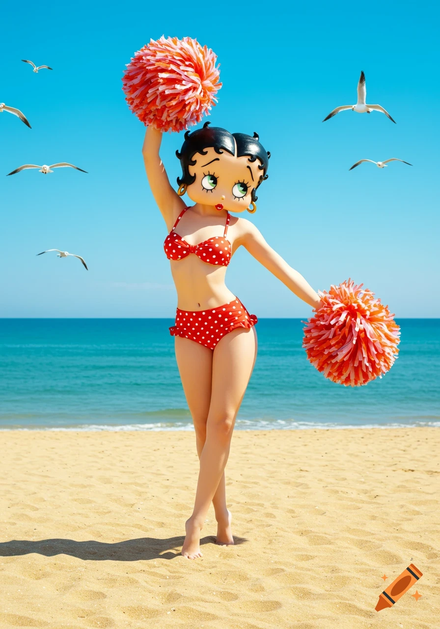 Photorealistic Betty Boop in a red polka dot bikini holding pom-poms on a sunny beach with the ocean and seagulls in the background.