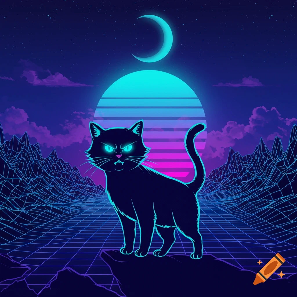 An angry black cat with glowing blue eyes stands in a vibrant retrowave landscape with a grid ground, geometric mountains, and a large striped sun and crescent moon.