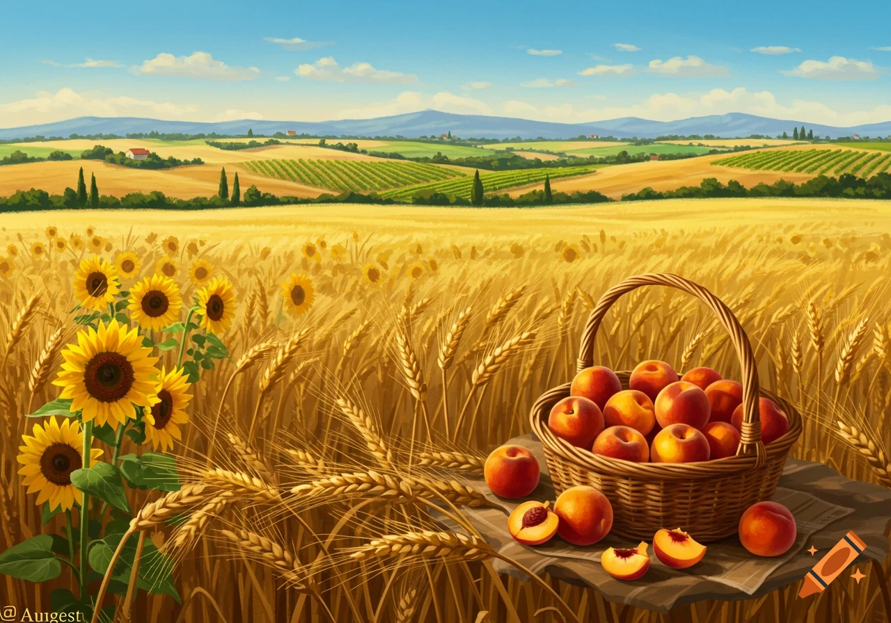 A vibrant painting of a sunlit rural landscape with golden wheat fields, blooming sunflowers, and a basket of fresh peaches.