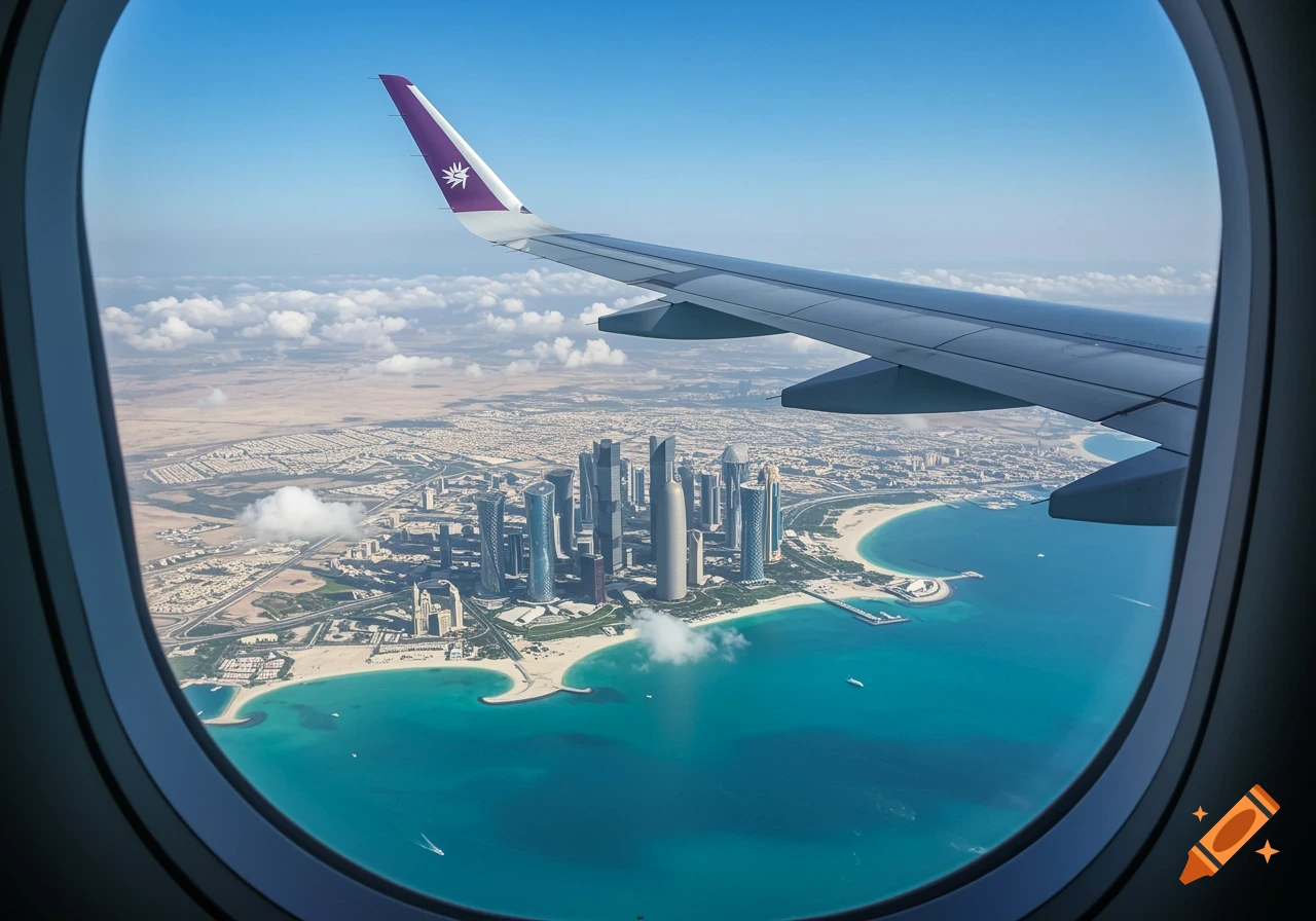 An aerial view of a modern city skyline along a coastline with turquoise water and beaches, seen from an airplane window with the wing visible.