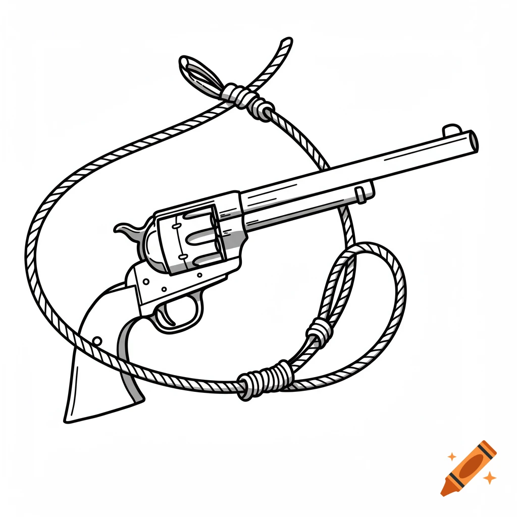Black and white cartoon line drawing of a classic revolver with a lasso wrapped around it.