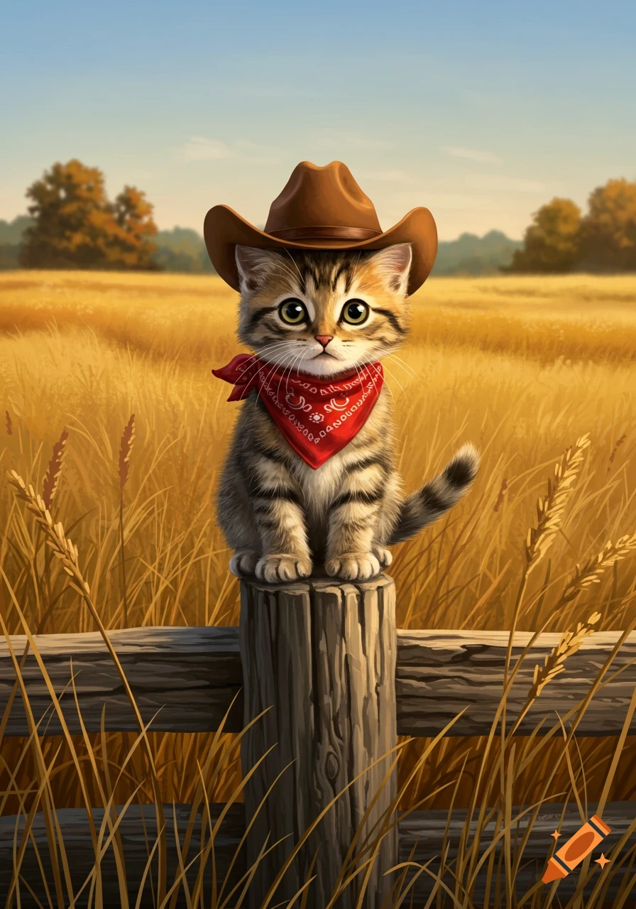 A cute tabby kitten wearing a brown cowboy hat and a red bandana sits on a wooden fence post in a golden field under a blue sky.