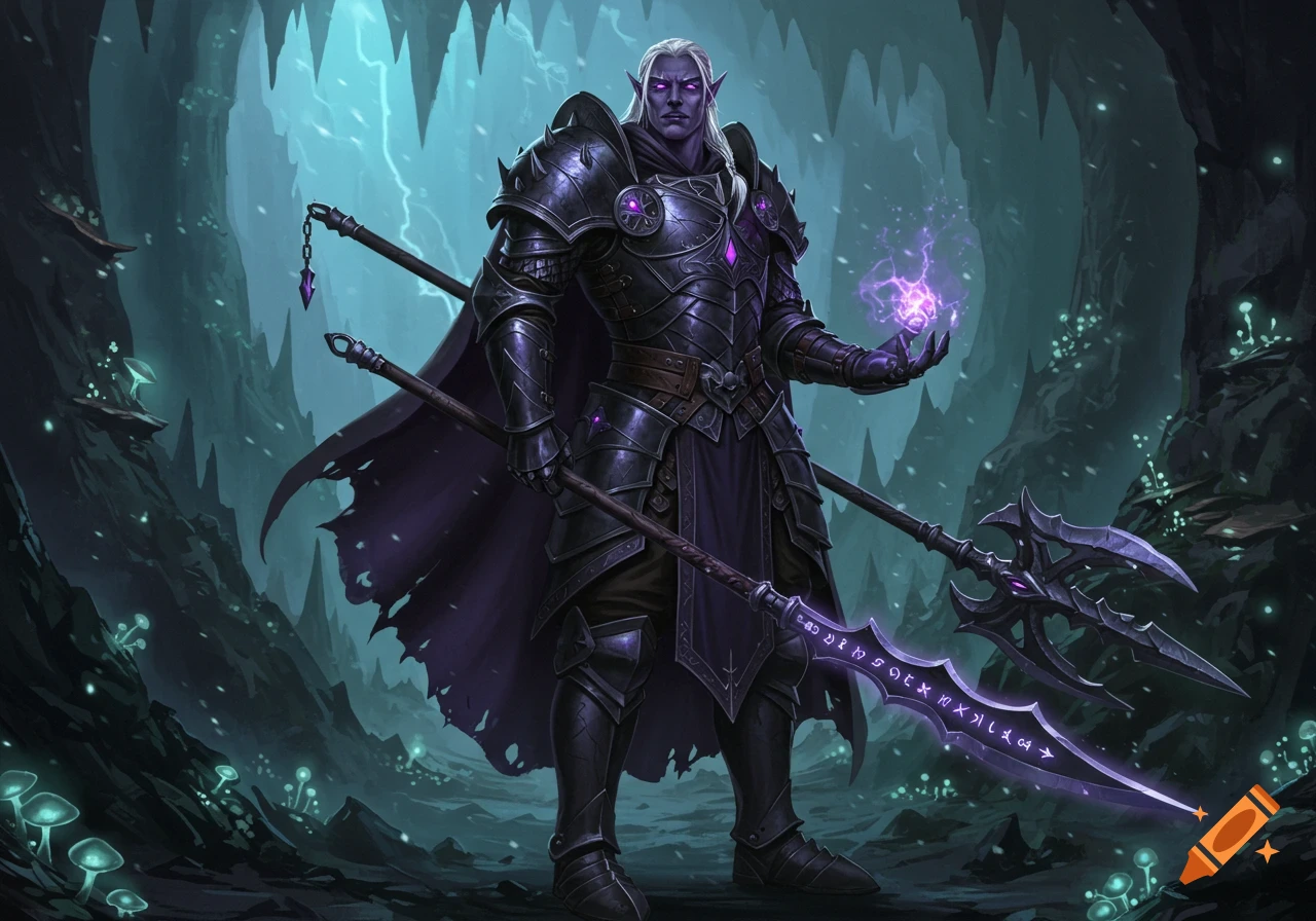 A male drow paladin in dark ornate armor with glowing purple accents stands in a mystical cave, holding a runic glaive and casting a spell.