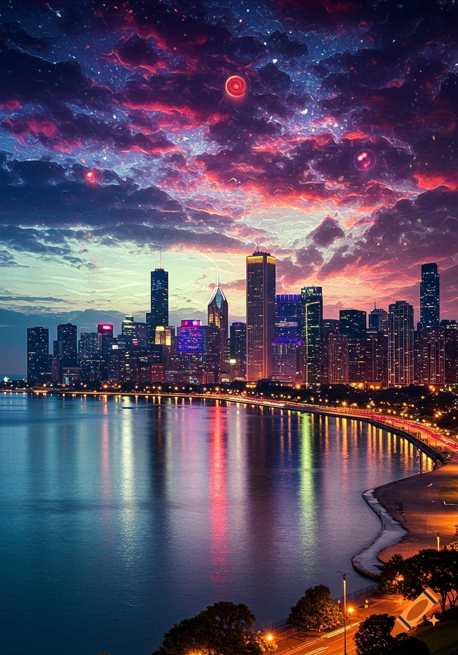 Psychedelic fractal Chicago skyline at night with vibrant red and purple clouds reflecting on the water.