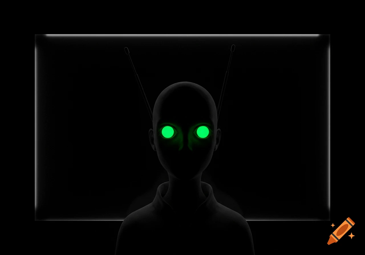 A dark silhouette of a figure with glowing green eyes and antennas, against a black screen in a dark minimalist setting.