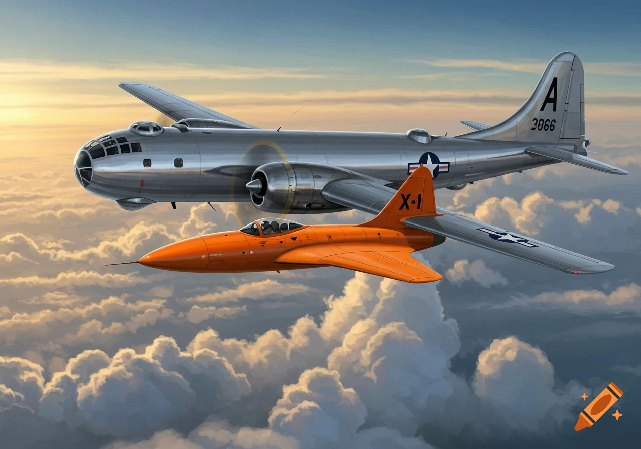 An orange Bell X-1 aircraft flying beneath a silver B-29 bomber in a cloudy sky at sunset, depicted in an illustrative style.