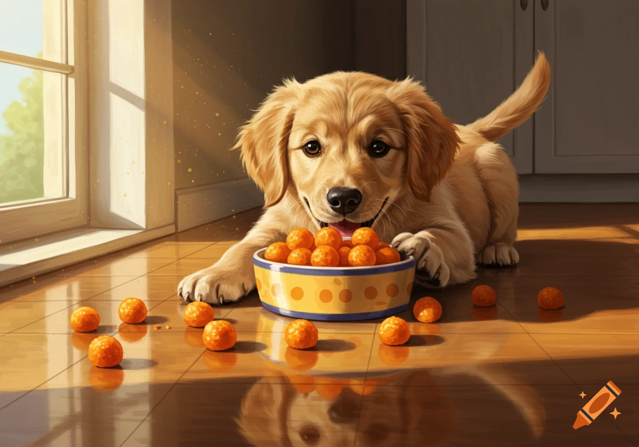 A golden retriever puppy smiles, looking at a bowl of orange treats, some spilled on a sunlit wooden floor.