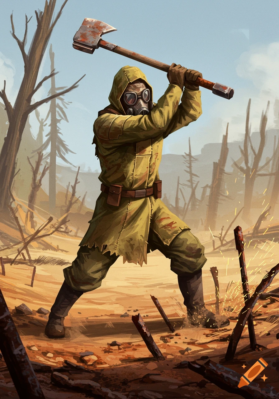 A character in a yellow hazmat suit and gas mask raises a rusty axe in a desolate wasteland with sparks flying.