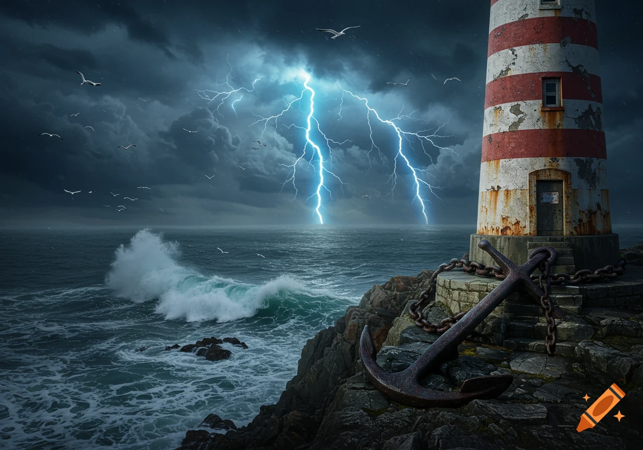A dramatic photorealistic image of a red and white lighthouse on a stormy coast with lightning striking the ocean, an anchor in the foreground, and crashing waves.