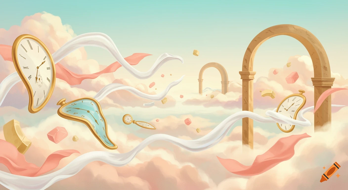 Surreal illustration of melting clocks and ribbons floating among clouds and arches in a light, dreamlike sky, in the style of Salvador Dali.