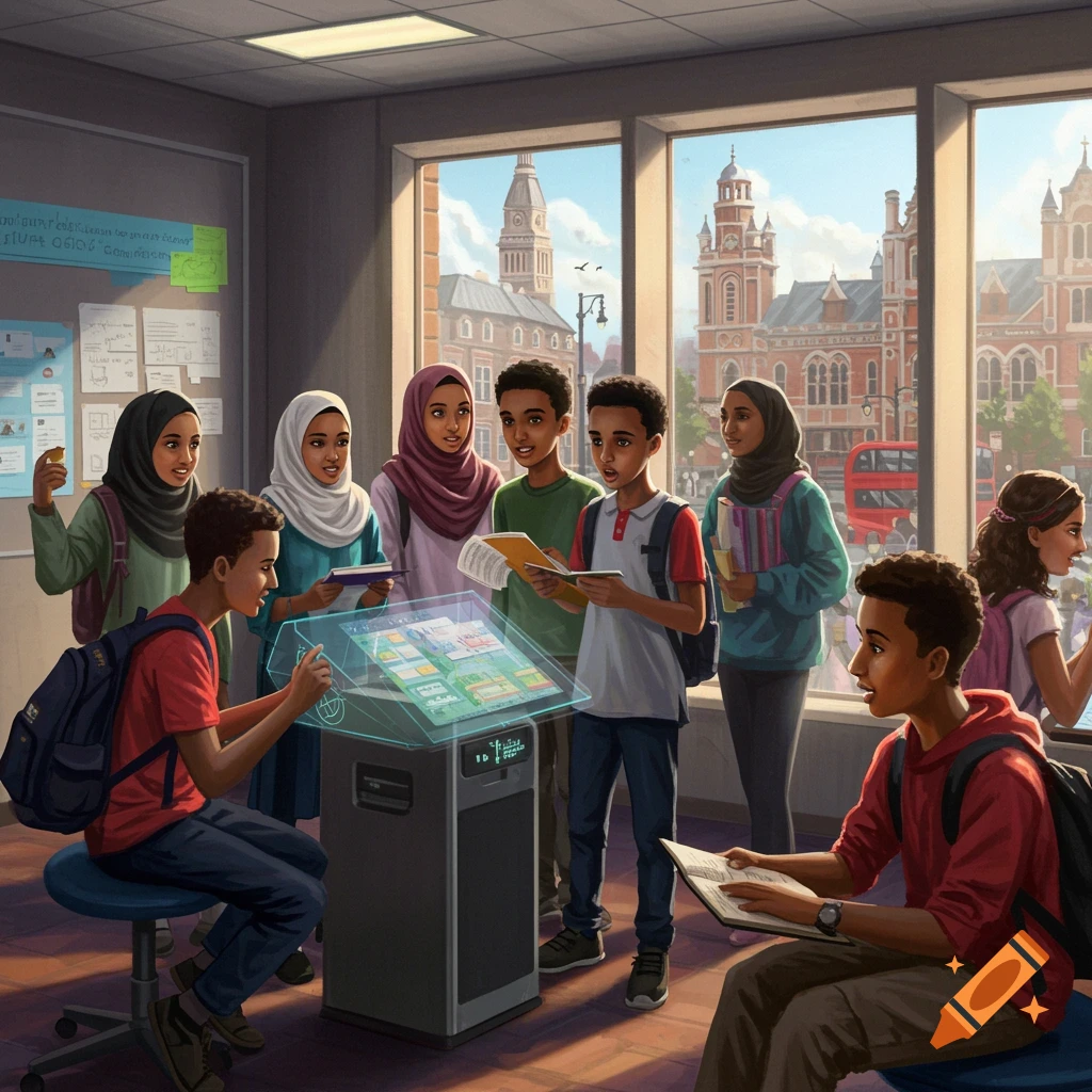 Diverse students in a modern classroom, some interacting with a transparent digital display, others reading, with a city view outside.