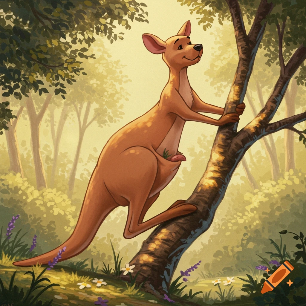 A cartoon kangaroo, Kanga from Winnie the Pooh, climbs a tree in a sunny, green forest.