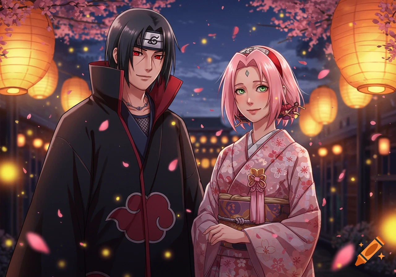 Itachi Uchiha and Sakura Haruno in anime style, standing under cherry blossom trees with glowing lanterns at night.