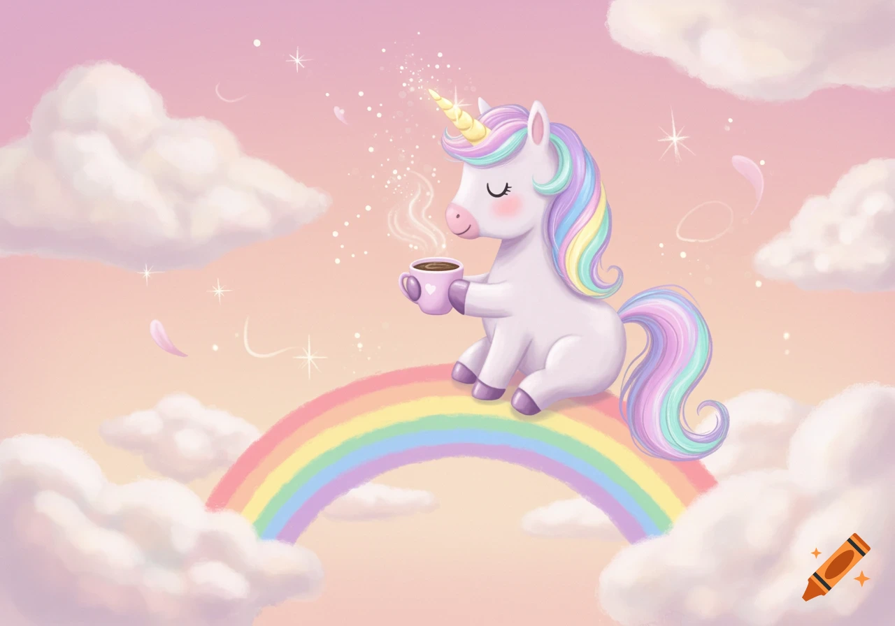 A cute cartoon unicorn with rainbow hair drinks coffee while sitting on a rainbow bridge in a pastel sky with clouds.