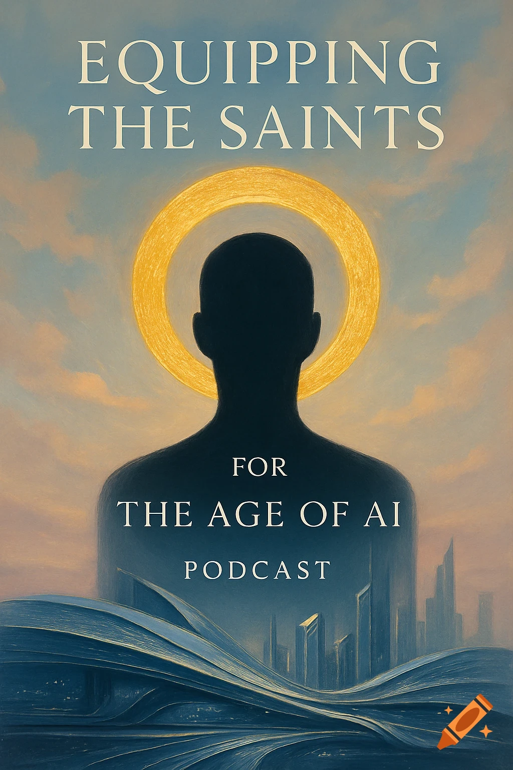 A modern artistic image of a silhouetted figure with a halo, over waves and a cityscape, with text 'EQUIPPING THE SAINTS FOR THE AGE OF AI PODCAST'.