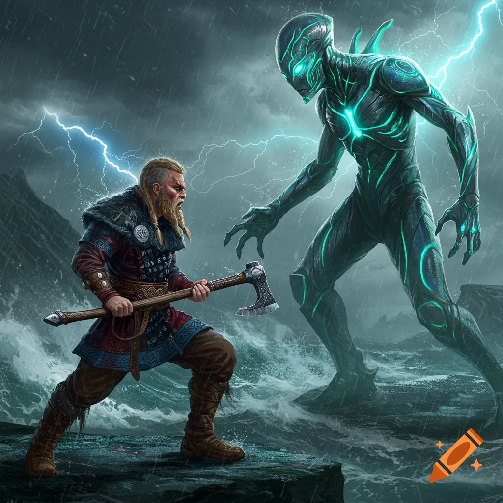 A viking warrior with an axe faces a glowing alien in a stormy, lightning-filled landscape. Stylized illustration.