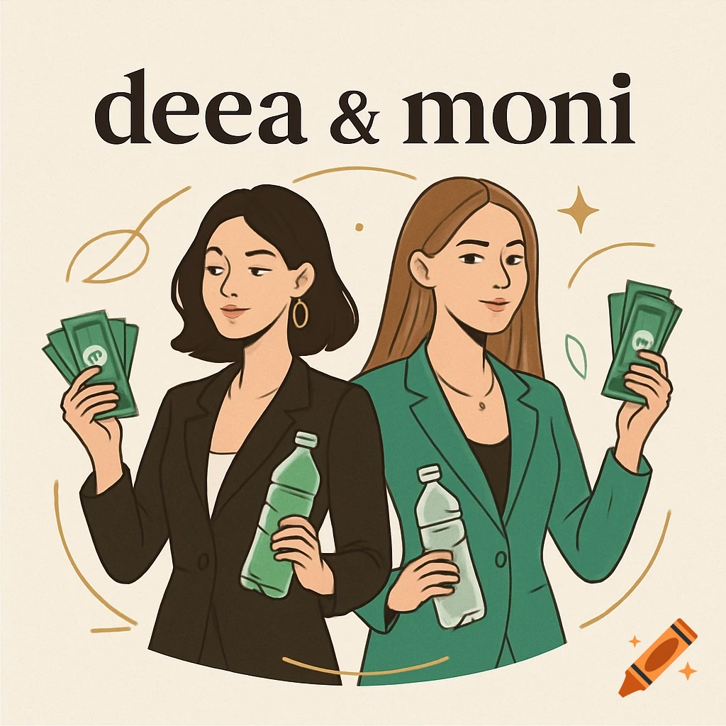 Illustration of two women holding money and plastic bottles, with the text 'deea & moni' above them.