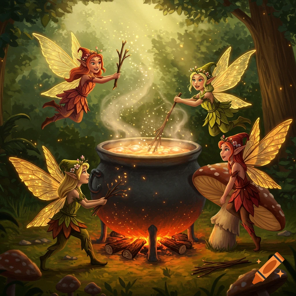Four whimsical fairies cook a glowing potion in a large cauldron over a fire in a magical forest.