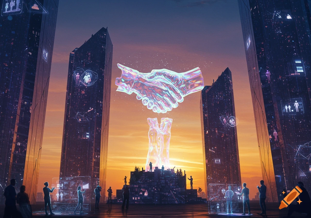A vibrant futuristic city at sunset with people, holographic displays, and a large, glowing handshake above towering buildings.
