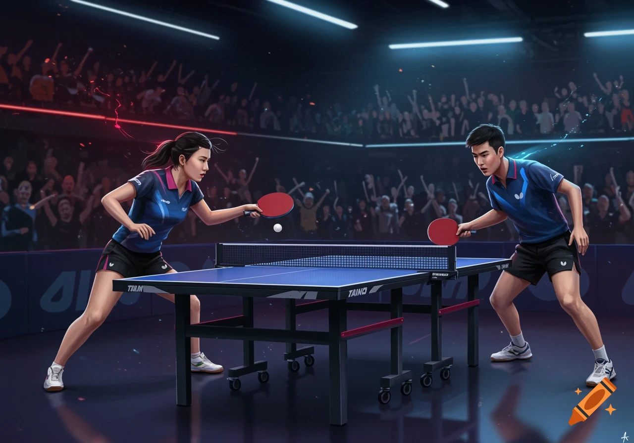 A man and a woman playing table tennis in a large, dark arena with a cheering crowd in the background.