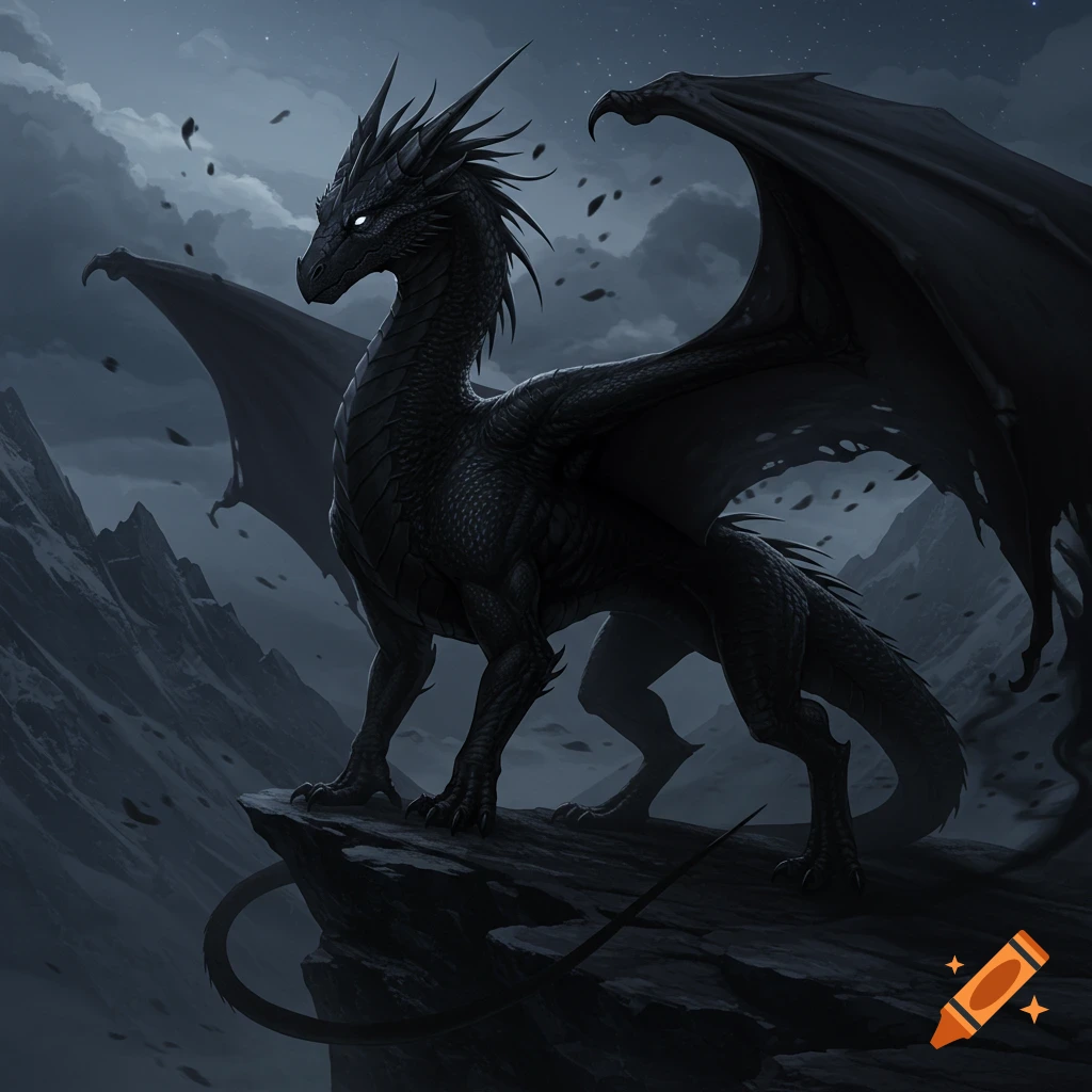 A powerful black dragon with glowing white eyes stands on a jagged rock cliff under a dark, cloudy, starry sky.