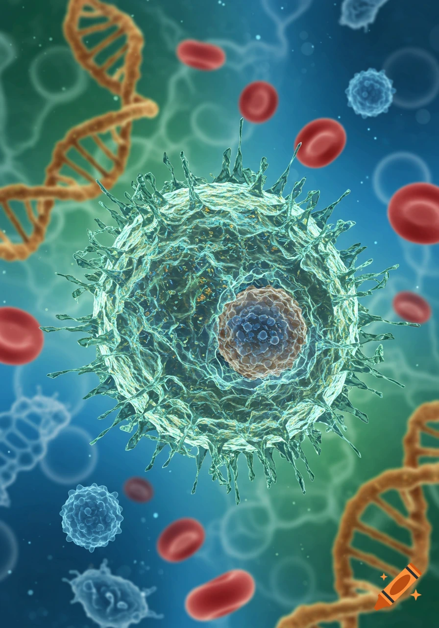 Microscopic 3D render of a spiky cell surrounded by red blood cells, other cells, and DNA strands against a blue-green background.