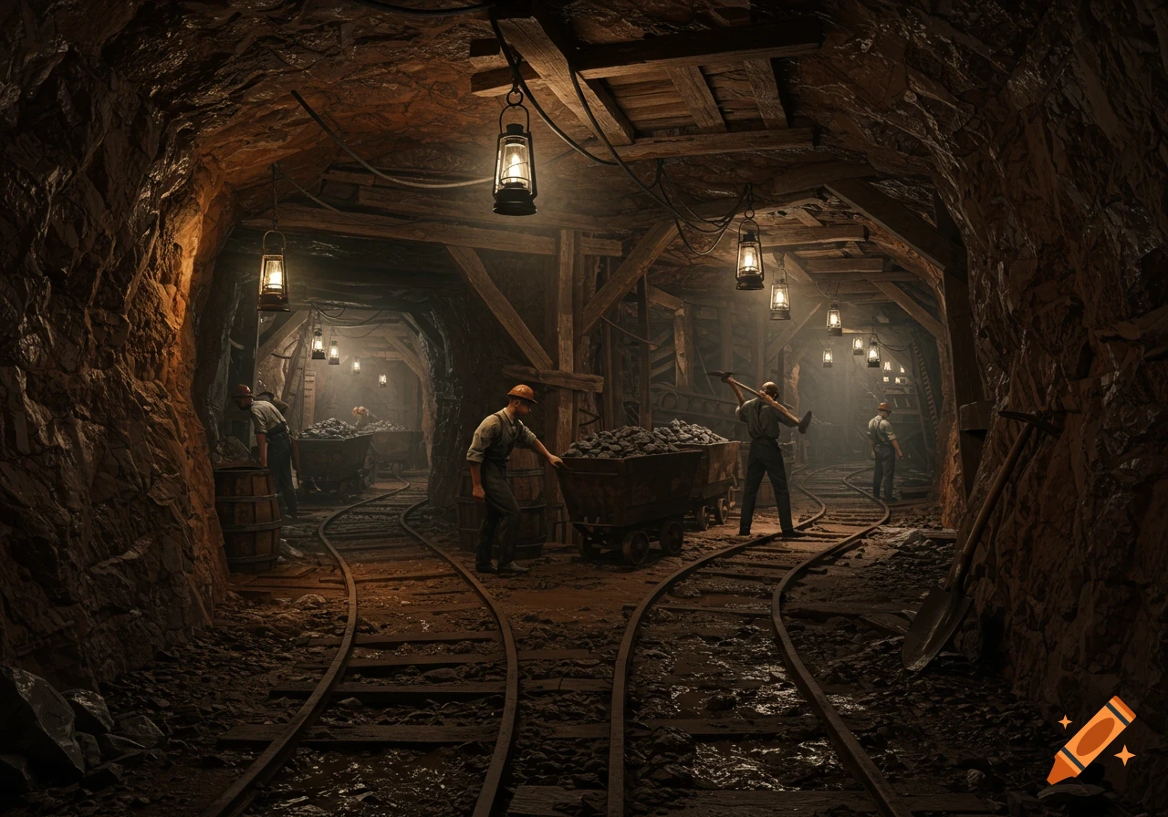 Photorealistic image of miners working in a dark underground coal mine, illuminated by hanging lamps, with carts of coal on tracks.