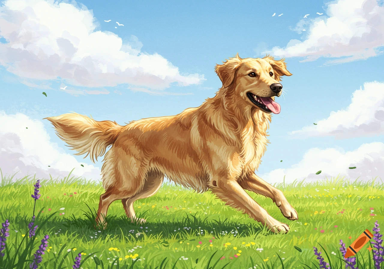A golden retriever runs through a sunny green field with flowers under a blue sky with white clouds.