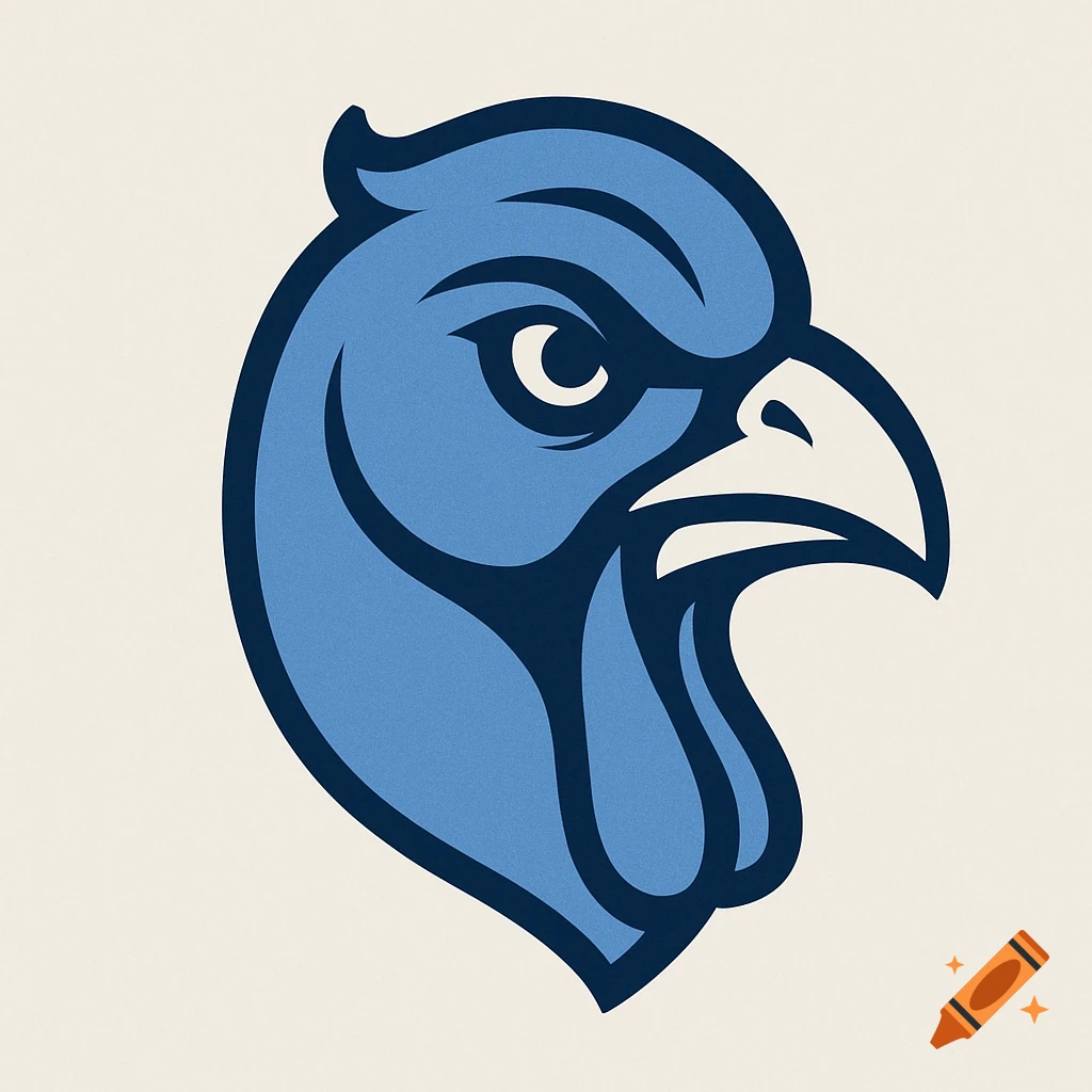 A blue, white, and navy clip art logo of a bird's head with a stern expression.