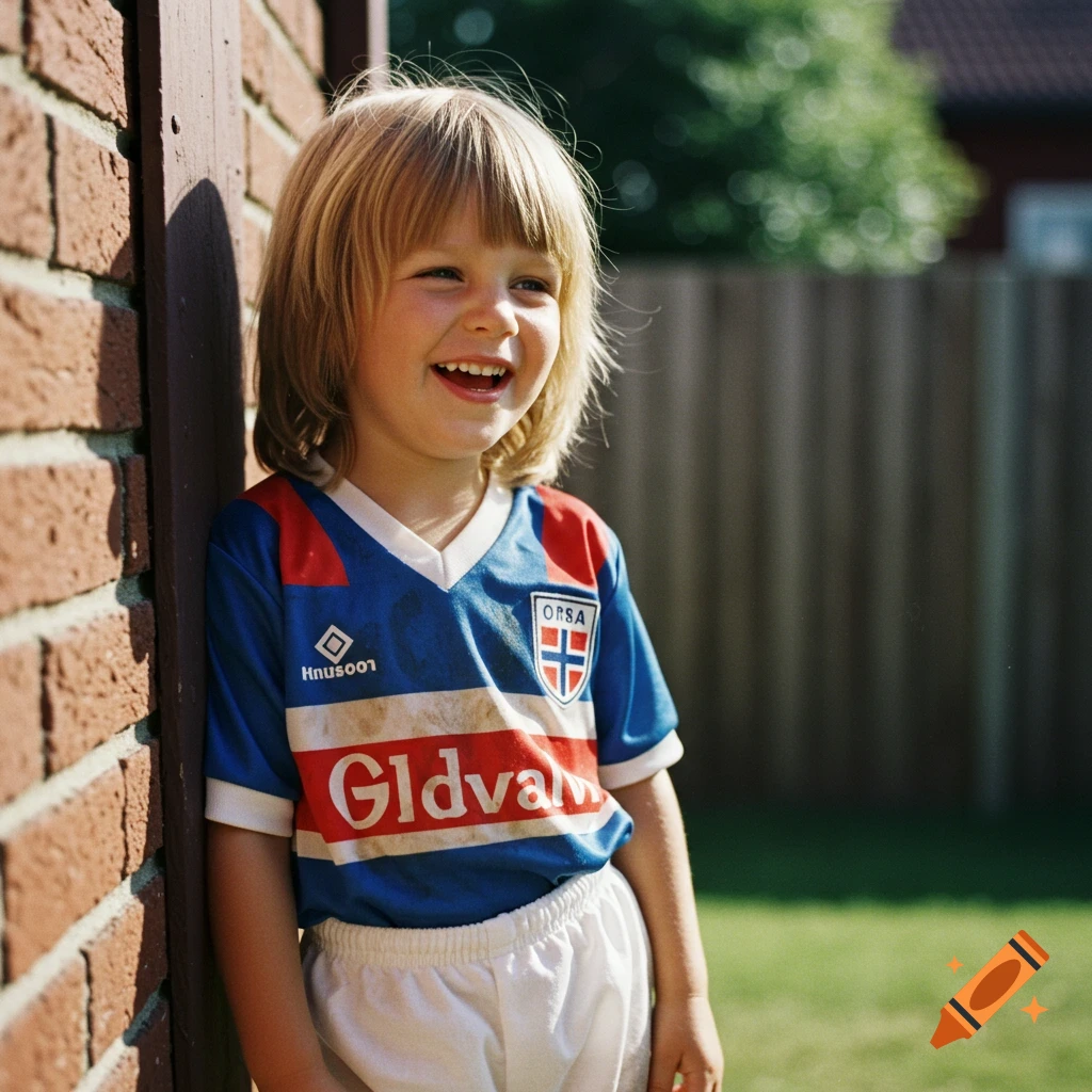 Smiling child with blonde hair wearing a blue, red, and white soccer uniform leans against a brick wall outdoors.