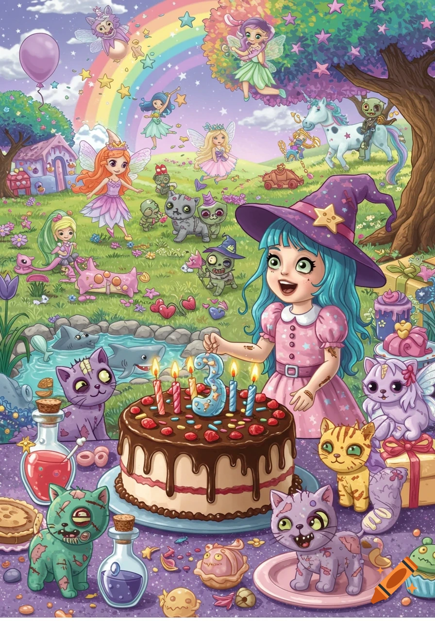A vibrant cartoon birthday party for a 3-year-old witch with blue hair, surrounded by zombie kittens, fairies, and unicorns under a rainbow, with a chocolate cake.