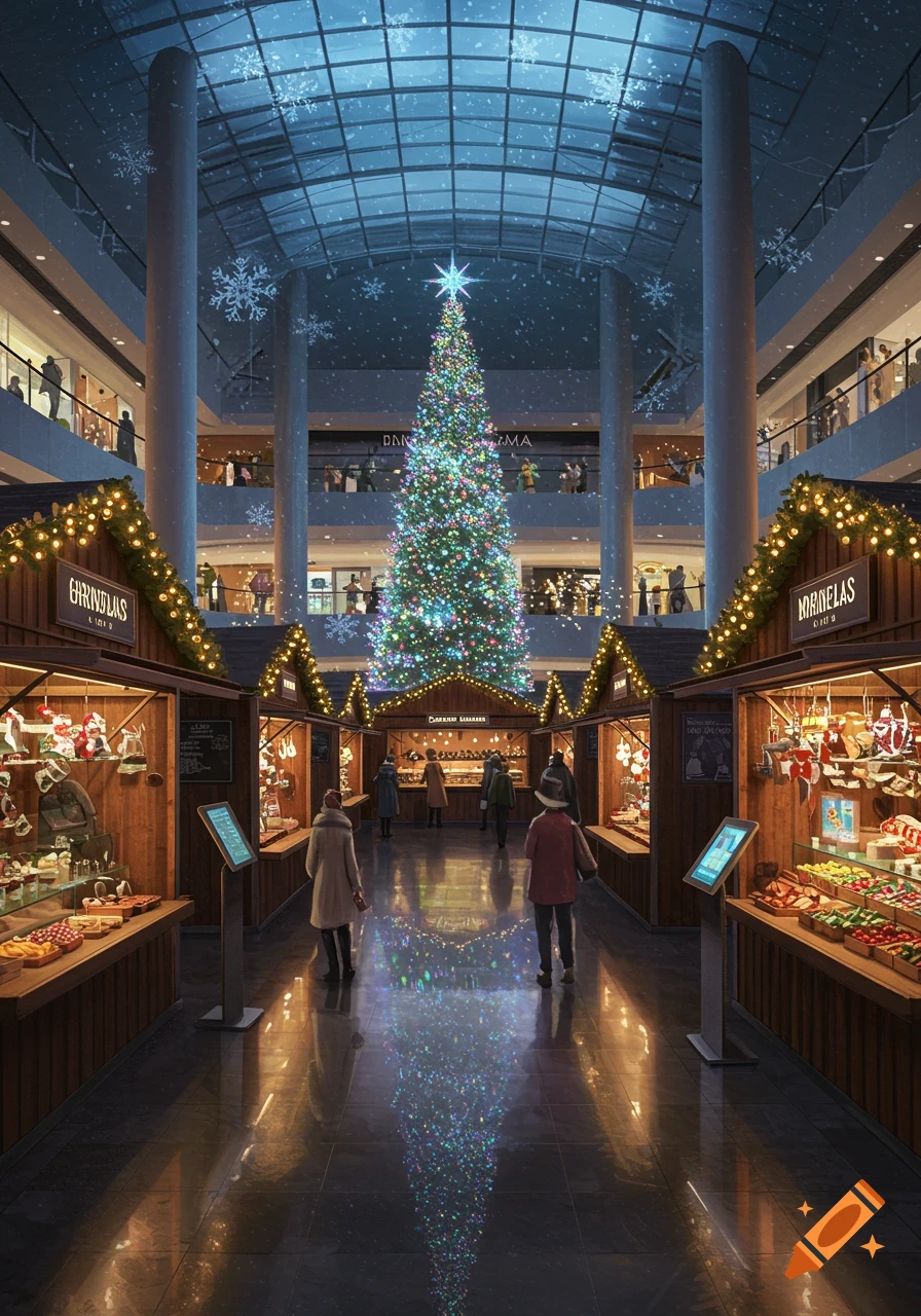 A festive indoor Christmas market within a modern mall, featuring decorated wooden stalls, a large illuminated Christmas tree, and shoppers. Snowflakes are projected on the glass ceiling.