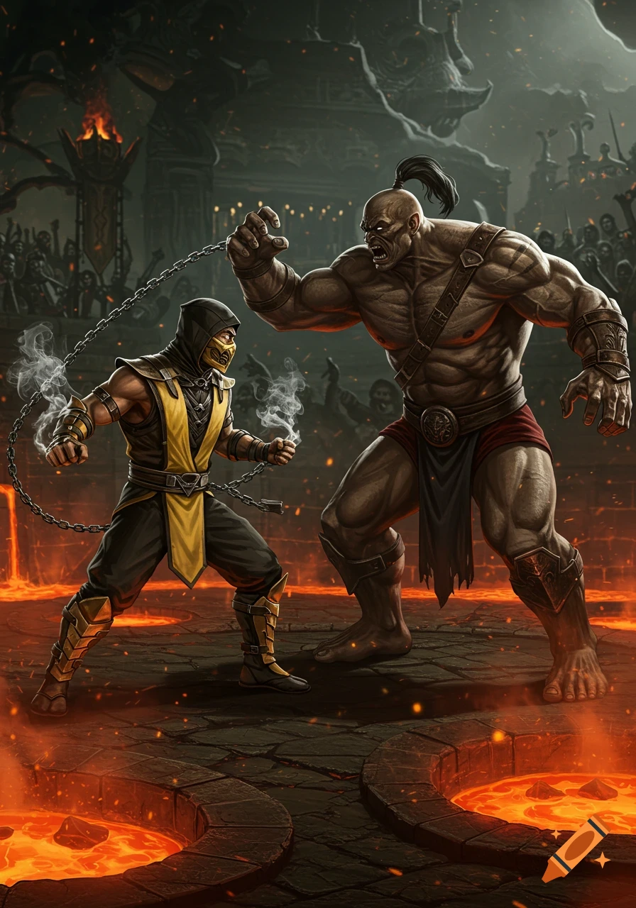 Scorpion and Goro in a detailed illustration, facing off in a dark, fiery arena with lava pits.