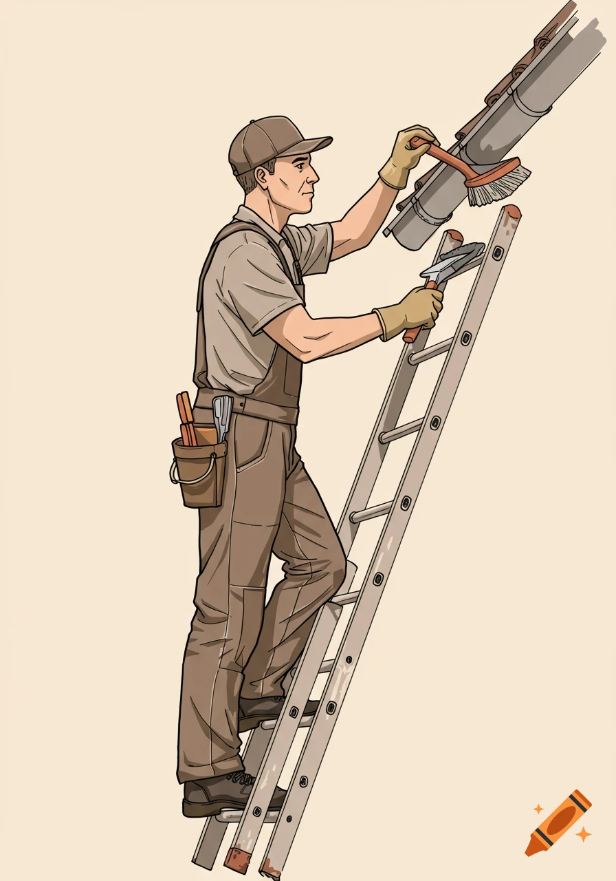 An illustrated man wearing overalls and a cap stands on a ladder, using a brush to clean a house gutter.