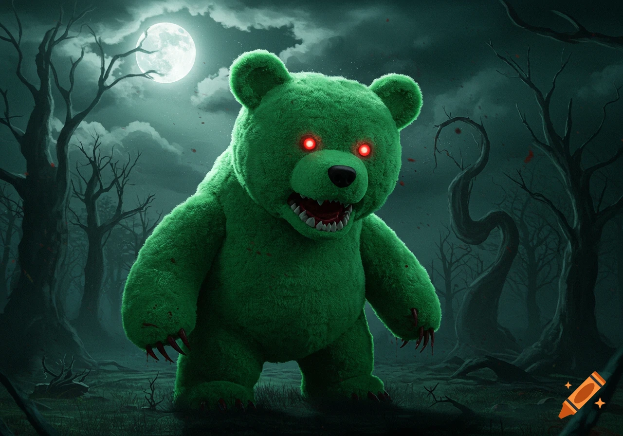 A scary green bear with glowing red eyes and sharp teeth stands in a dark, eerie forest under a full moon.