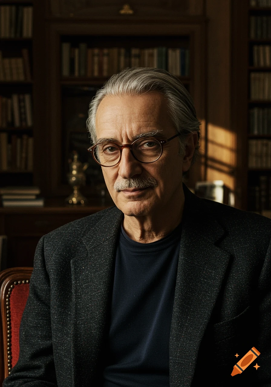Photorealistic portrait of an older man with gray hair and a mustache, wearing glasses and a suit, in a study.