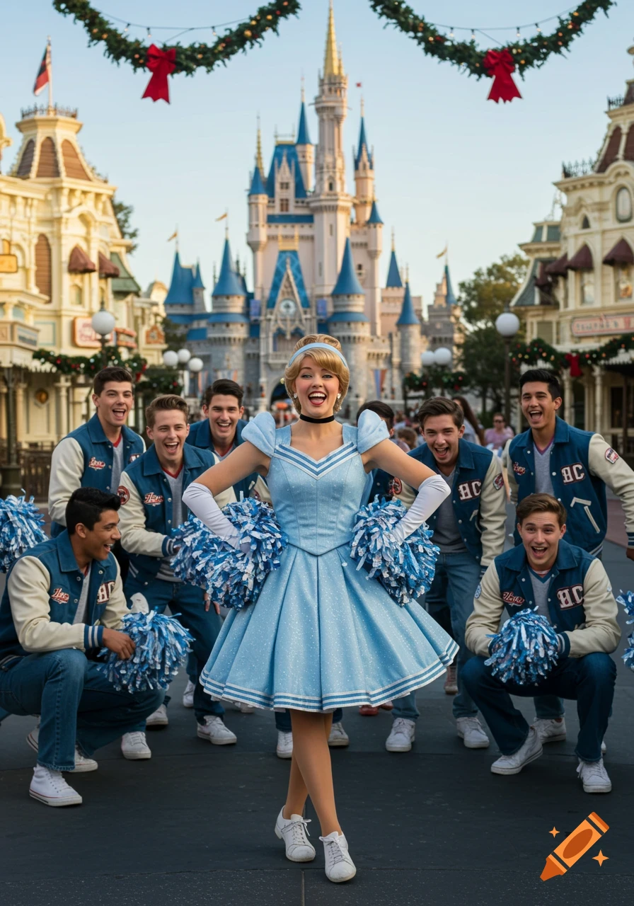 Cinderella in a cheerleader dress poses with teenage boys and pom-poms at a Christmas-decorated Disney park.