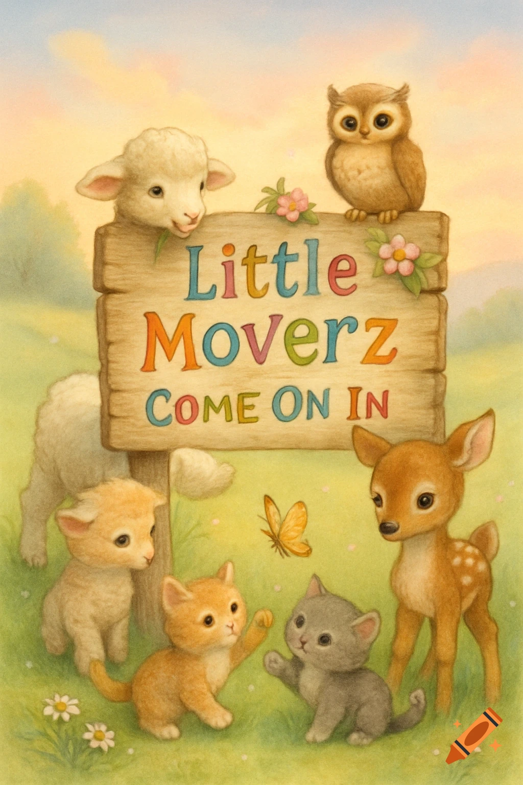 A pastel illustration of baby animals including lambs, kittens, a deer, and an owl gathered around a wooden sign reading "Little Moverz Come On In" in a green field.