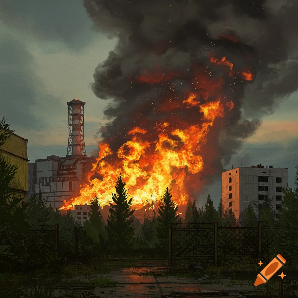 A nuclear power plant, likely Chernobyl, on fire with massive flames and thick smoke, viewed from a desolate, overgrown area.