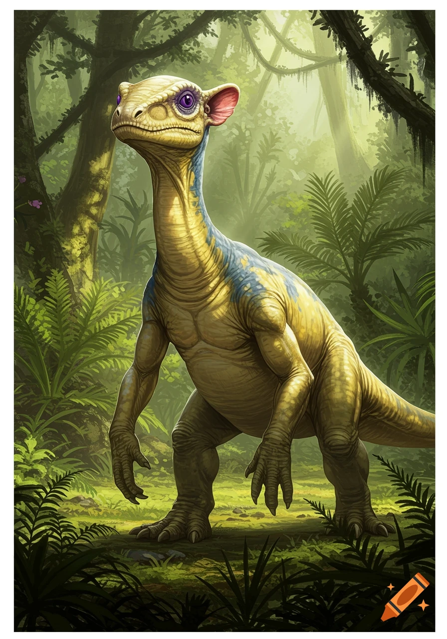 A bipedal, yellow and blue-grey reptilian creature with purple eyes and short ears stands in a lush, green jungle illustration.