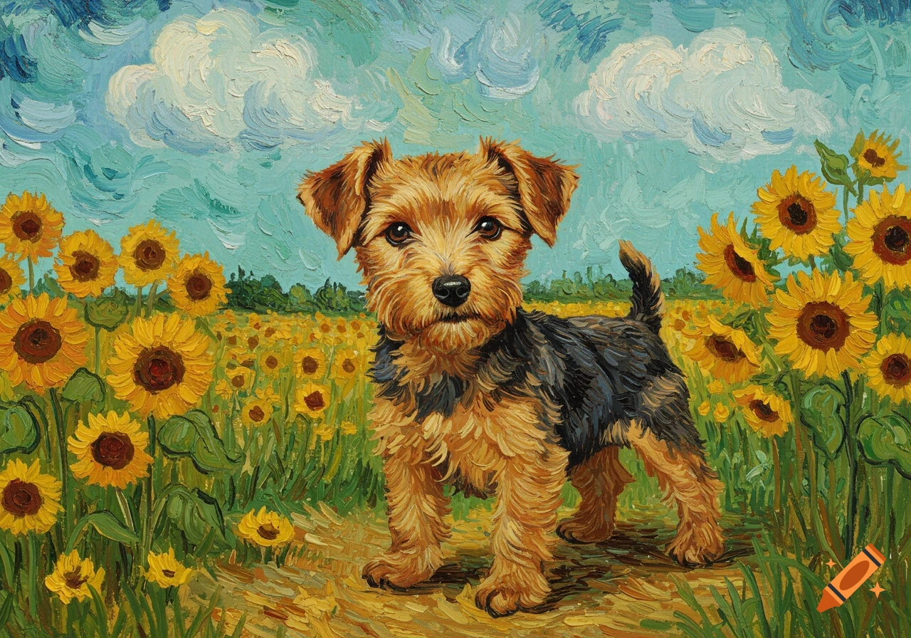 A small brown and black terrier dog stands in a field of yellow sunflowers under a blue, cloudy sky, painted in the style of Van Gogh.