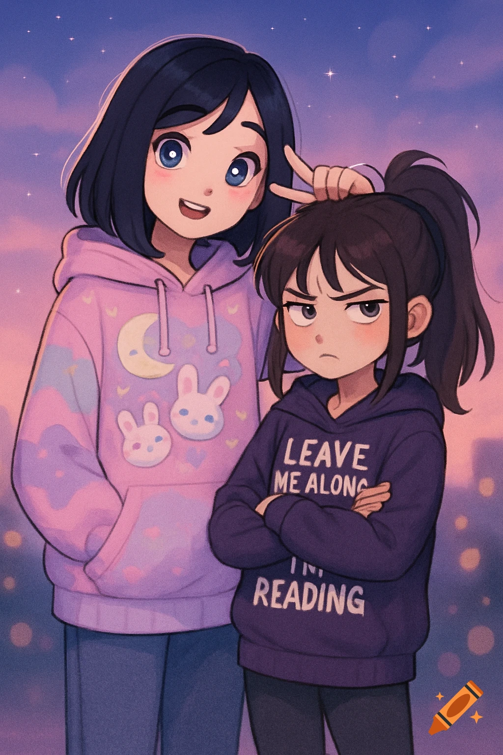 Two anime-style girls. One taller girl in a pink dreamcore hoodie making a peace sign, resting her arm on a shorter girl with a ponytail in a purple hoodie that says 'LEAVE ME ALONG I'M READING'.
