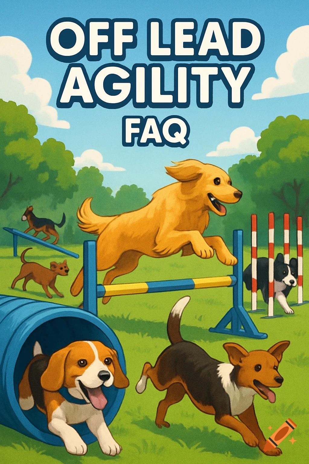 Cartoon illustration of dogs on an agility course, with text 'OFF LEAD AGILITY FAQ'.