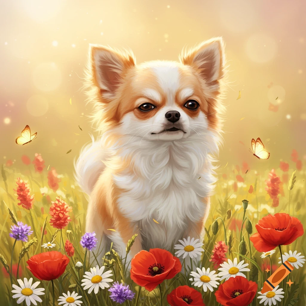 A fluffy chihuahua with a squint nose sits in a vibrant field of red poppies and white daisies with butterflies.