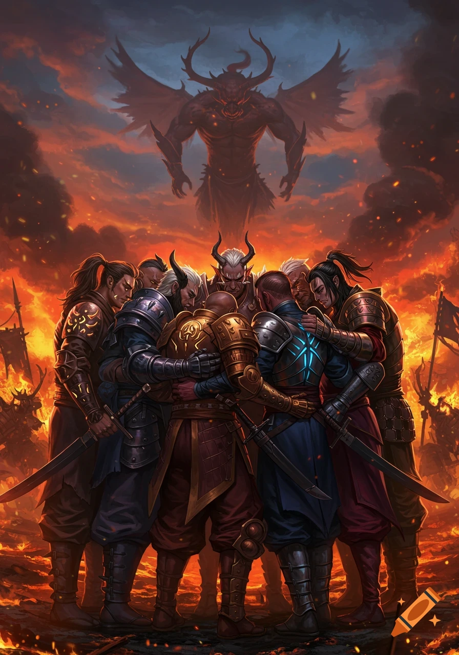 Armored demon slayers embrace in a hug, facing a fiery, apocalyptic battlefield with a giant winged demon looming overhead in a dark fantasy art style.