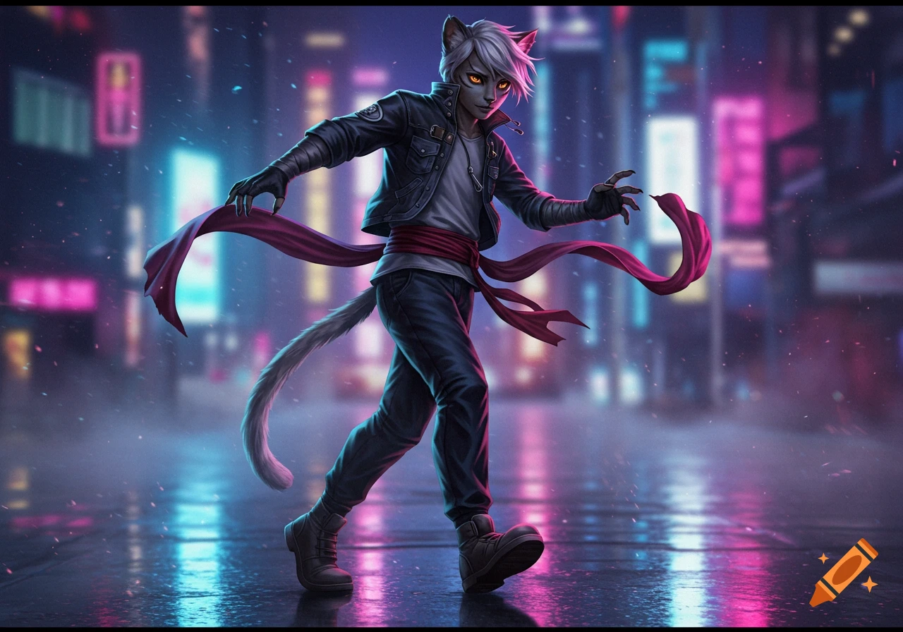 A white-haired cat-like humanoid in a leather jacket strides on a wet, neon-lit cyberpunk city street at night. Digital art.